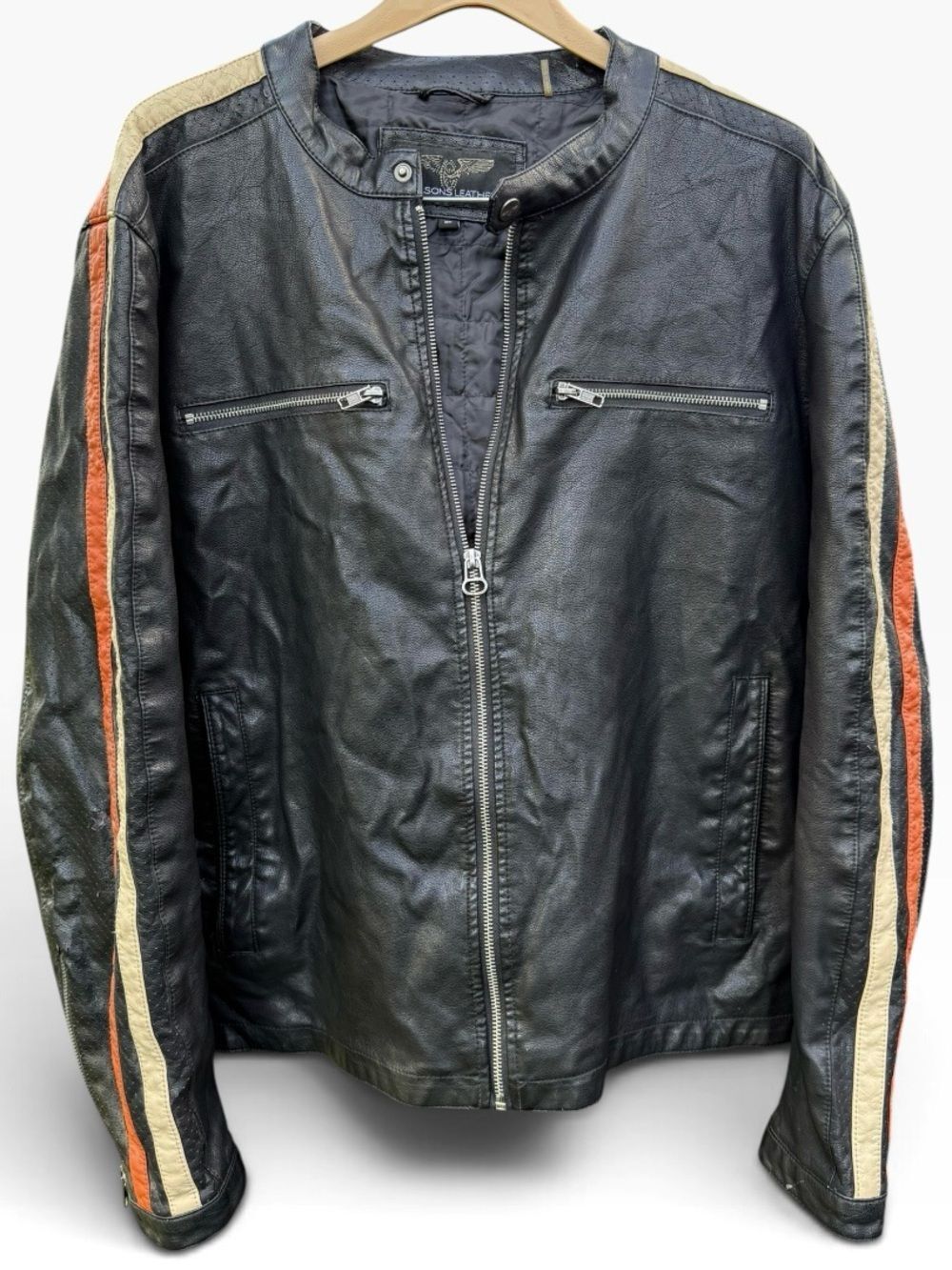 Wilsons Leather M Julian Black Cafe Racer Jacket Orange Racing Stripes Men's XL